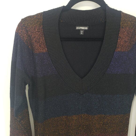 3/$25 Express Metallic Striped Sweater M V Neck Pullover Multicolor Black - Picture 4 of 7